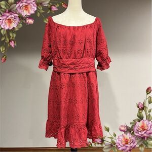 Plus size red eyelet embroidery mini dress with short sleeves